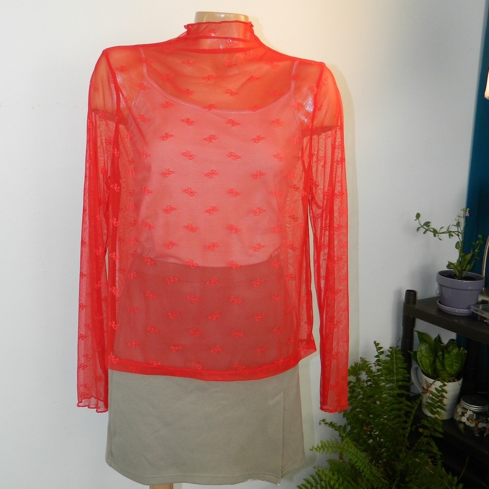 Serra Lace Layering Top Women XL Red Bow Embroidered Mock Neck Sheer Mesh New